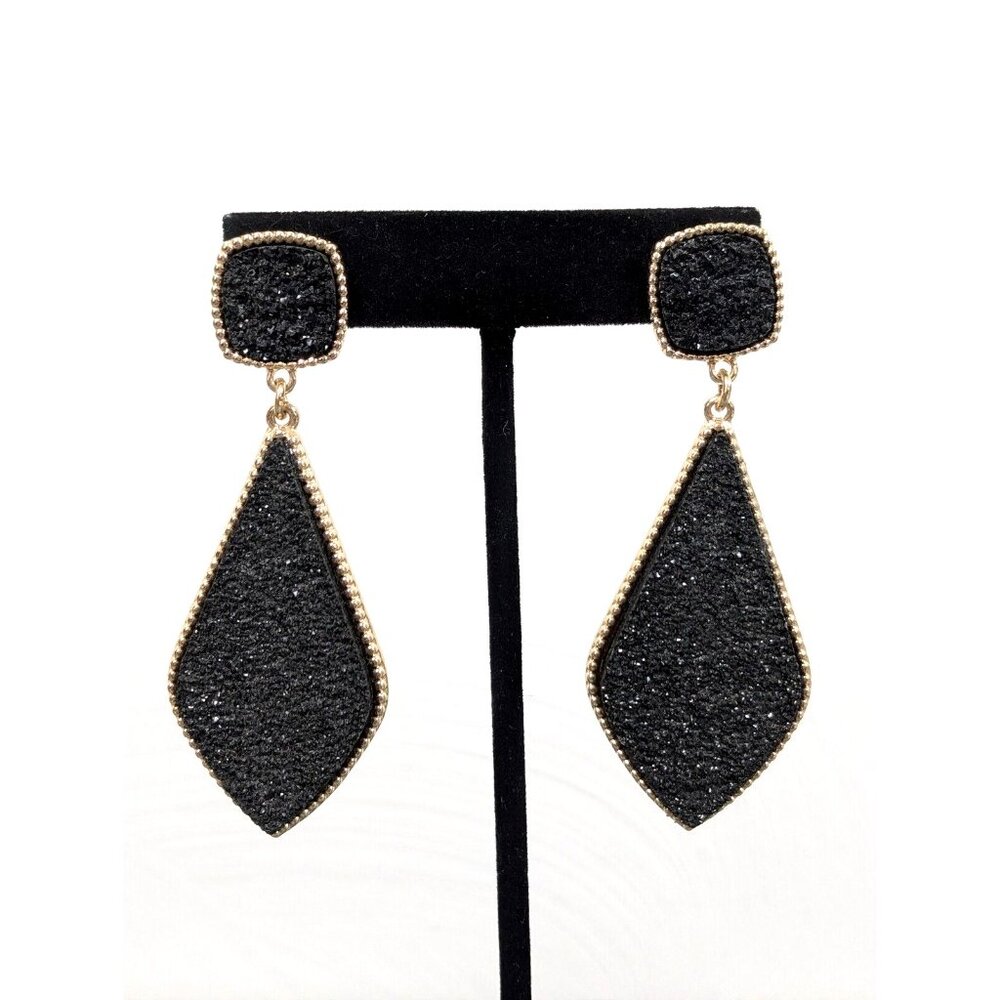 Sugarfix Black Faux Drusy Teardrop Gold Tone‎ Bold Drop Earrings Long Boho